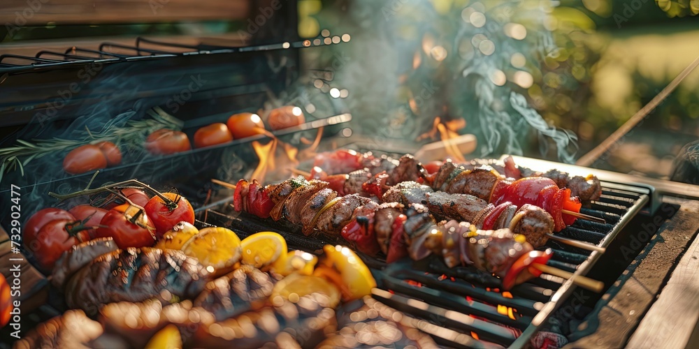Outdoor barbeque concept. Backyard on a sunny afternoon with plenty of meat on the grill.