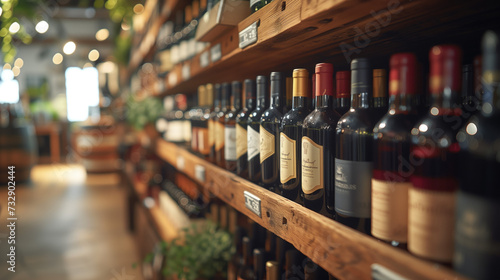 Wine, liqueur, whiskey, brandy are on the shelves in the store.