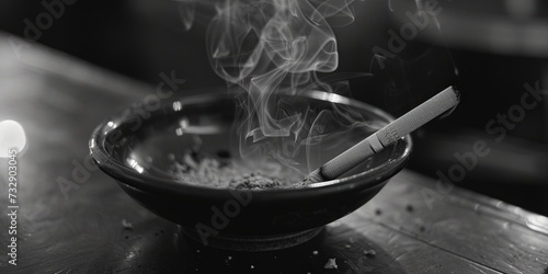 Smoking cigarette burning in an ashtray. photo
