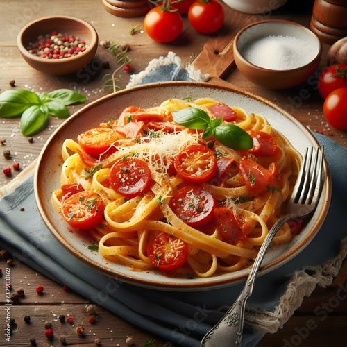 Amatriciana Pasta in a plate close up view 