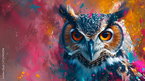 Painted owl with paint splash painting technique on colorful background copy space. generative ai