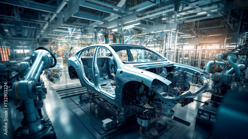 A blue sports car gets pieced together by robotic arms within an ultramodern automated assembly line, showcasing industrial innovation and precision engineering.

