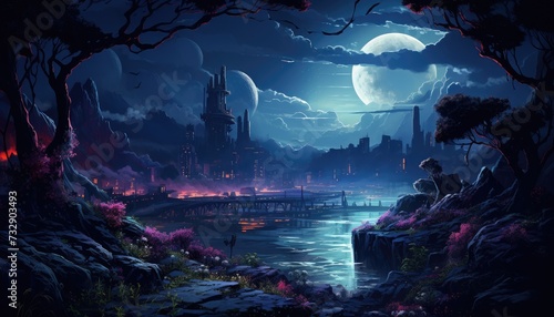 Fantasy landscape with planet and city at night © msroster