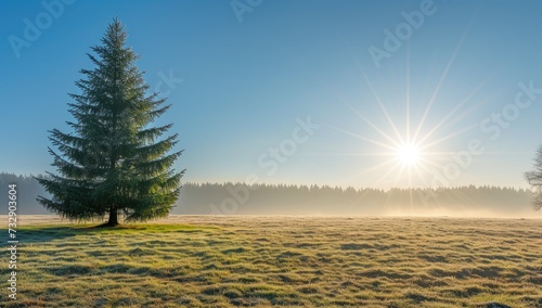 Lone coniferous tree in a foggy meadow at sunrise