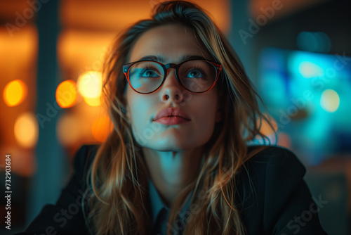 Young business woman with glasses gazing upwards, face lit by the reflection of vibrant neon lights at night. Business woman in office at night.