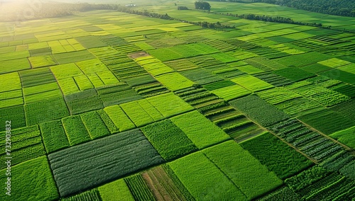 Aerial view of green rice field in sunrise time photo