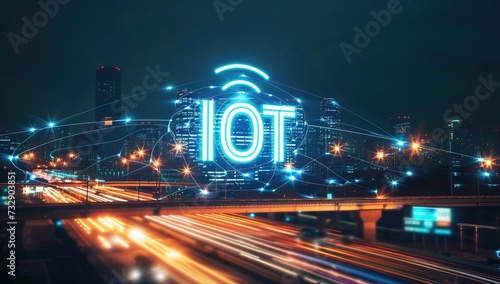 Glowing neon IOT hologram over highway with motion blur background, internet of things concept