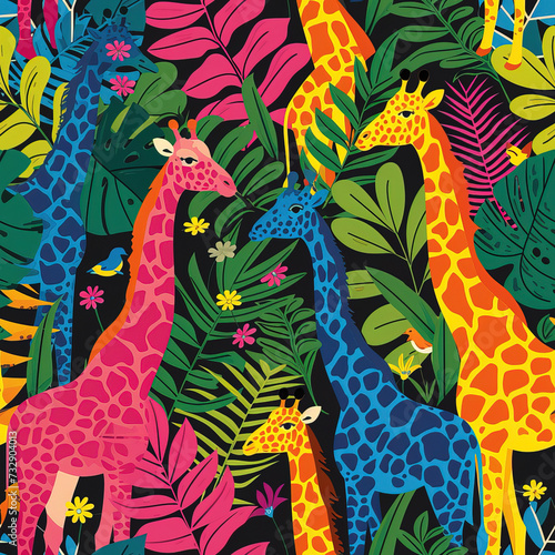Giraffe line art pop art cartoon colorful repeat pattern  vibrant bright party funky kawaii Africa