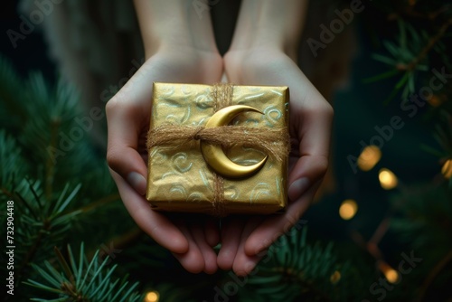 pair of hands gently holding a beautifully wrapped golden gift box adorned with a shiny moon-shaped ornament, amidst the backdrop of green pine needles and soft glowing lights photo