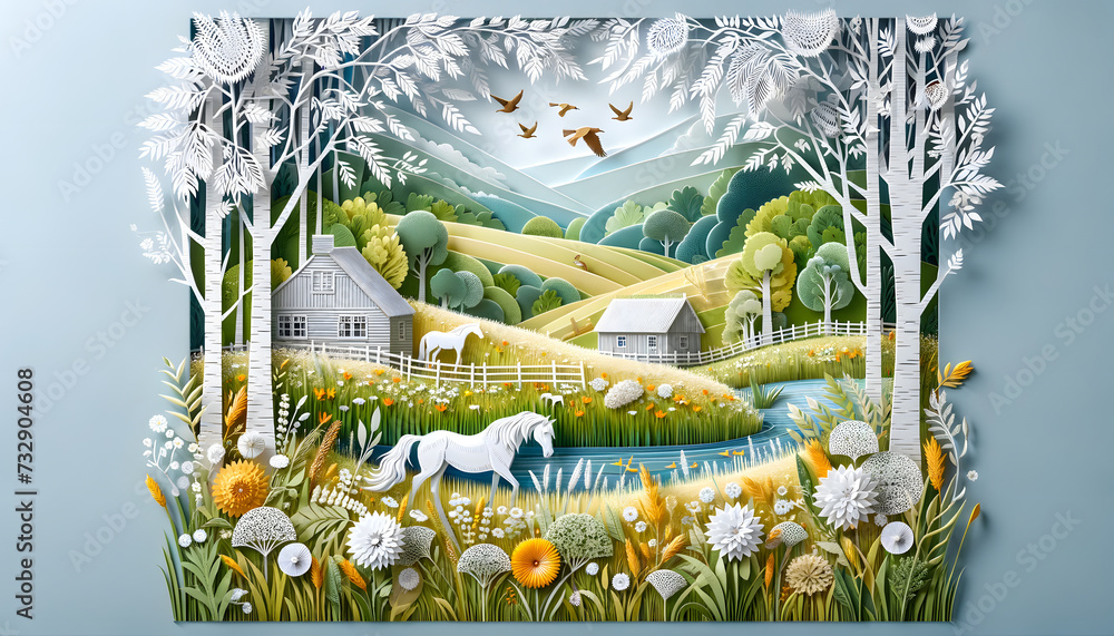 The layered papercut art piece depicting a serene countryside meadow has been created, capturing the peaceful essence of the countryside with blooming wildflowers, grazing horses