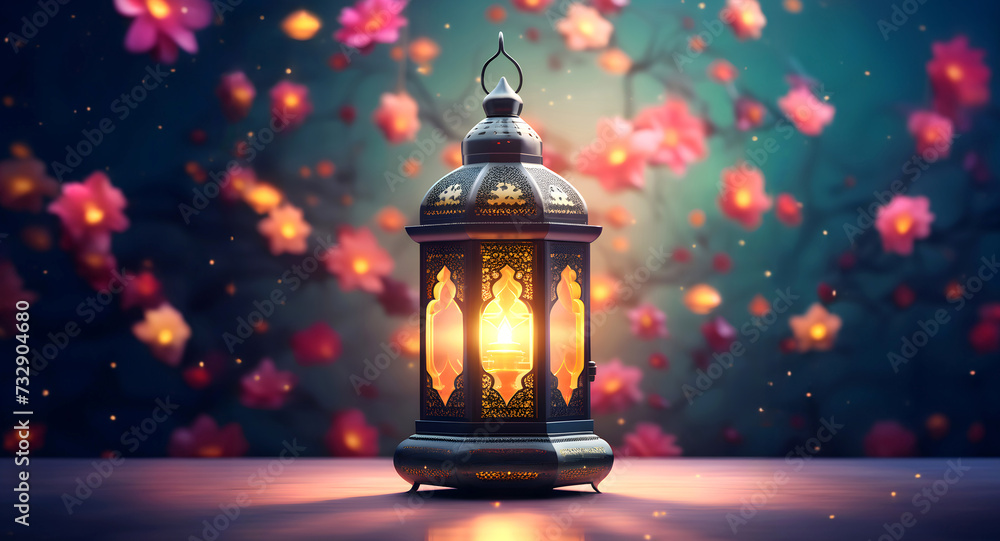 Ramadan lantern in the night snow flowers background Ramadan lantern in the night snow flowers background