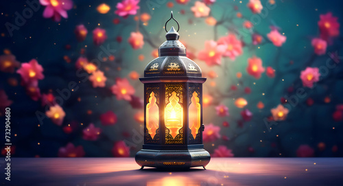 Ramadan lantern in the night snow flowers background