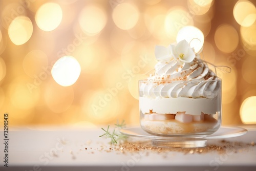 Soft focus on the delicate details of angelic dessert with bokeh backdrop.