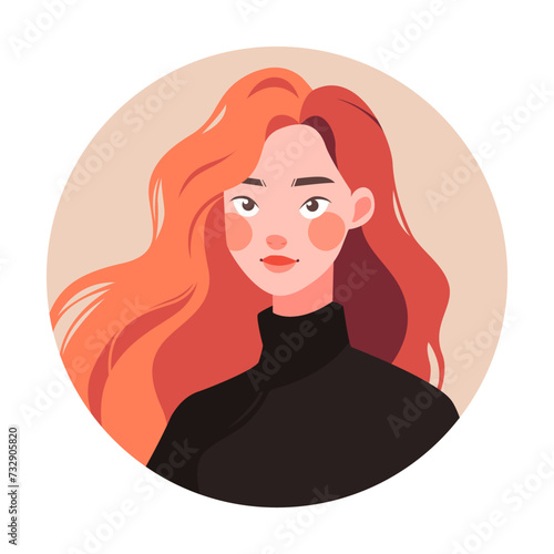 Vector illustration of red hair woman portrait in casual clothes on white background. Flat cartoon or comic style. Circle shape. Friendly facial expression. Female character face in round frame.
