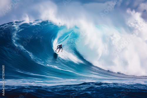 A brave and adventurous surfer catching the thrill of a lifetime as they skillfully ride a colossal blue ocean wave, an exhilarating moment in the world of extreme sports.