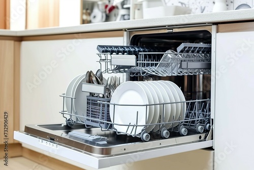 Dishwasher with lots of plates and silverware inside, seen from the side