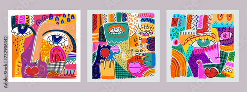 Set of colorful abstract male and female face portrait geometric, doodle, line art, hand drawn vector illustration. Creative graphic with textured and shapes wall art, art print, poster, cover.