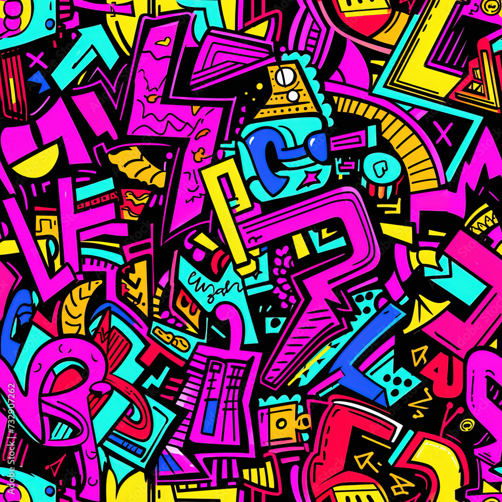 Pop art graffiti doodles colorful abstract background 90s repeat pattern