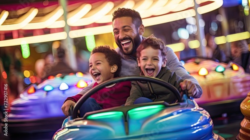 Action photo of a parent and child enjoying a fun theme park bumper car ride together