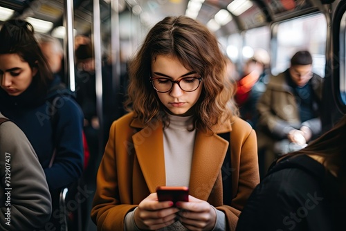Zoomed out view of an girl in a busy train, scrolling on her phone