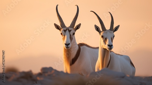 Arabia nature. Wildlife Jordan  Arabian oryx  Oryx leucoryx  antelope with a distinct shoulder bump. Evening light in nature. Two animal in nature habitat  blue sky