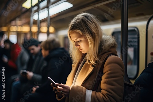 Zoomed out view of an girl in a busy train, scrolling on her phone