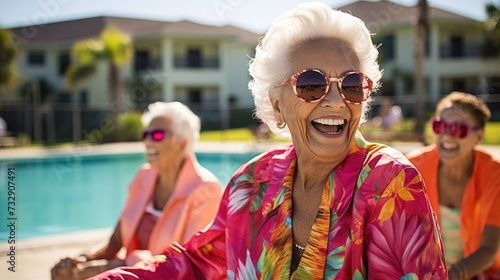 70 year old woman in a luxury, retirement village community pool with her friends, 