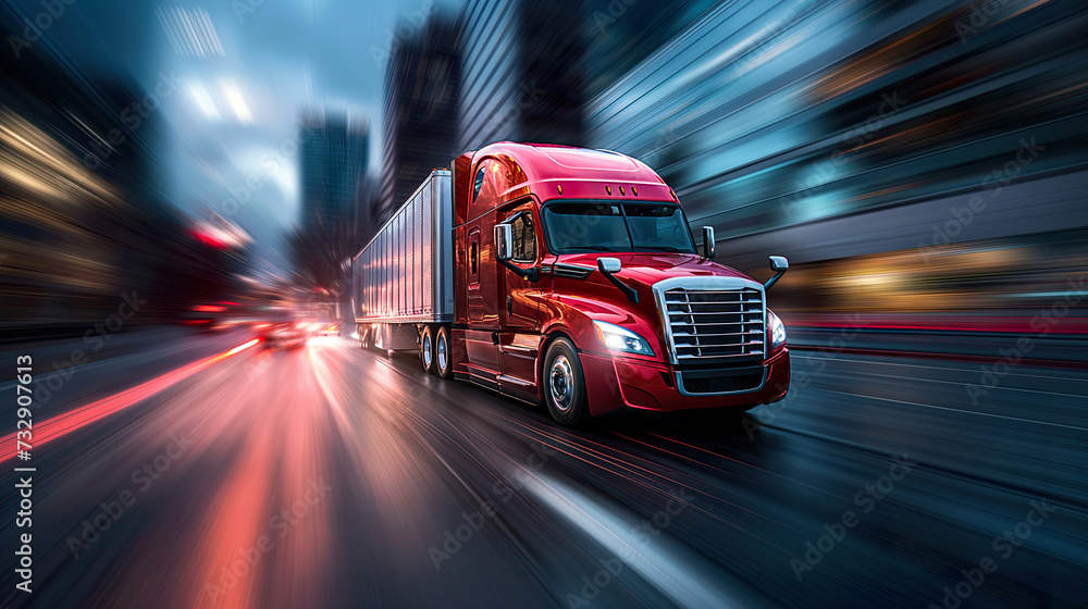 Transportation logistics and supply chain speed captured in a red truck's highway journey, highlighting cargo transport, logistics services, and transportation logistics