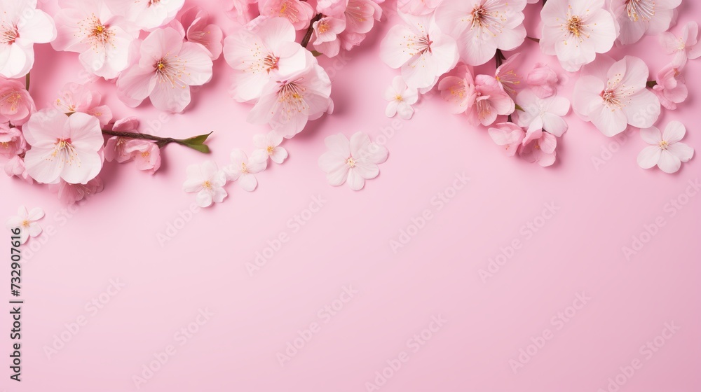 Blooming sakura, spring flowers on pink background with copy space for message. Greeting card for Valentine's Day, Woman's Day and Mother's Day holidays. Toned image. Top view