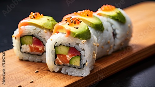 A close-up shot of a sushi roll with salmon, avocado, and cucumber.