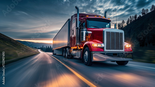 Transportation logistics at golden hour with semi-truck on highway, fast delivery, commercial freight, road travel, industry, sunset, dynamic. photo