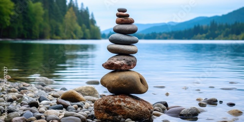 A Precisely positioned stack of river rocks, in the Willamette River.