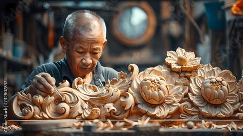 A carpenter skillfully carving intricate designs into a piece of wood in a workshop