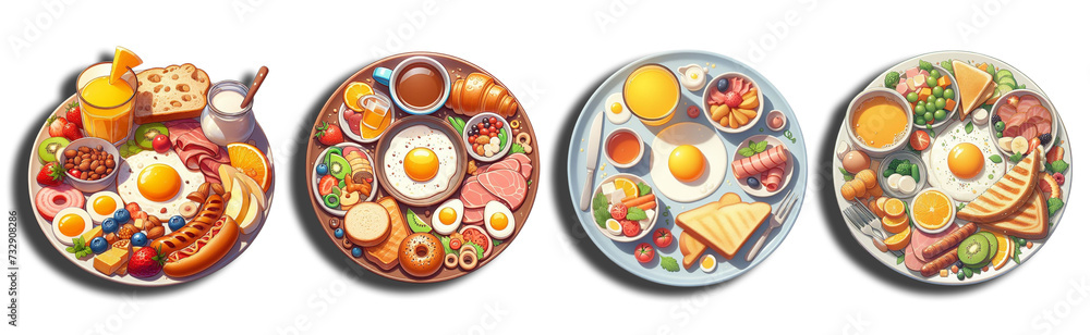 Set of plates with breakfast Isolated cutout on transparent background Set of plates with breakfast Isolated cutout on transparent background