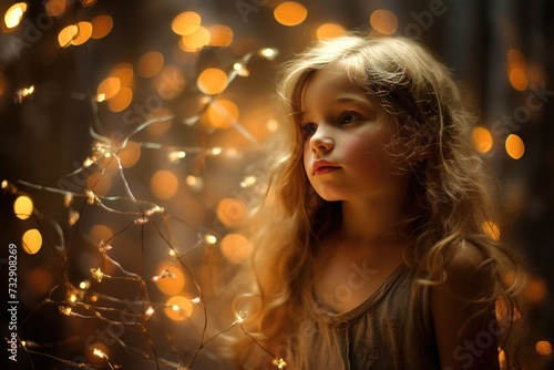 Bokeh lights creating a whimsical atmosphere around angelic sweetness.