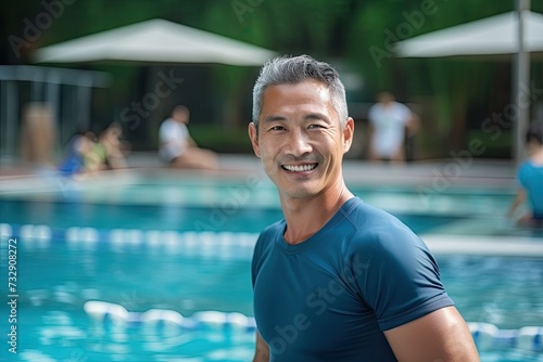 Asia man, 40 years old but looks young, handsome, very short gray hair, muscles, swimming in the pool with his friends © Thuch