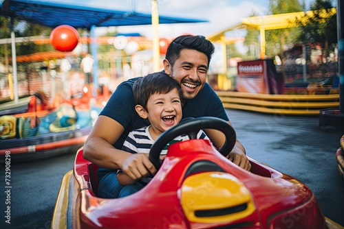 Action photo of a parent and child enjoying a fun theme park bumper car ride together