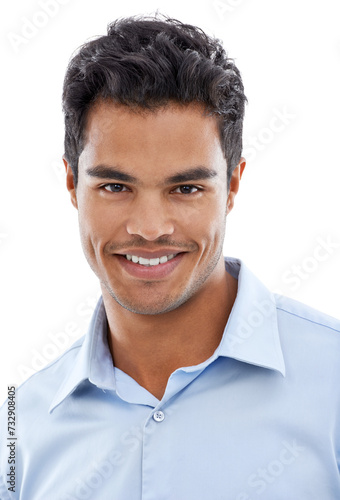 Face, happy and business man in studio with professional style, smile and career on a white background. Portrait of a Mexican accountant or employee in a shirt and headshot for company confidence