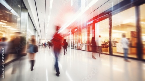 Blurred background of a modern shopping mall with some shoppers.
