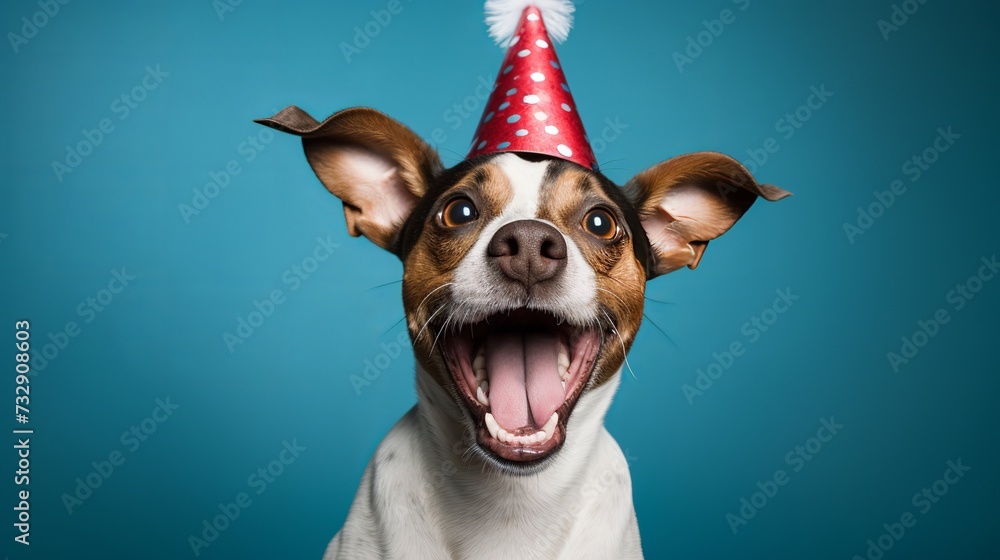 Cute dog celebrating with red pary hat and blow-out against a blue background and copy space to side - obrazy, fototapety, plakaty 