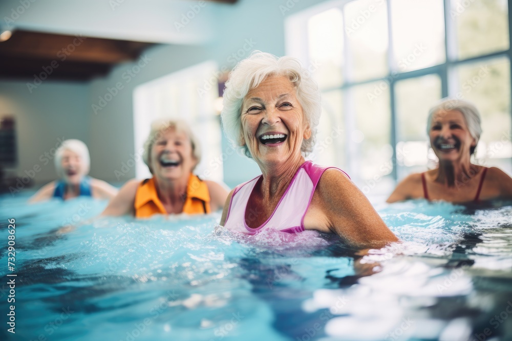 Capture the vitality and determination of a group of senior women as they engage in invigorating exercises in a pool. 