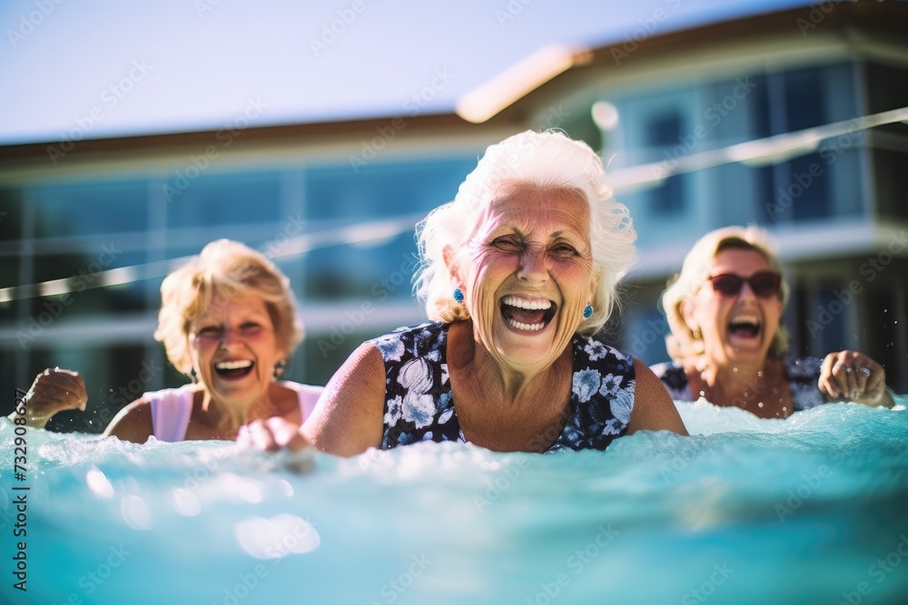Fototapeta premium Capture the radiant spirit of a group of Swedish senior women as they revel in the soothing waters of a swimming pool. 