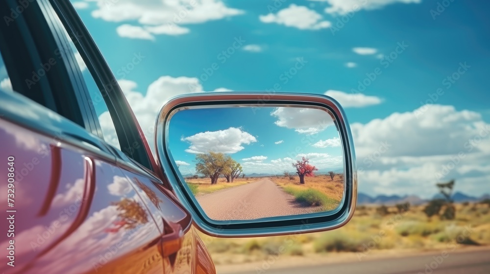 Car side mirror reflection, colorful rainbow, travel adventure, hidden frame,