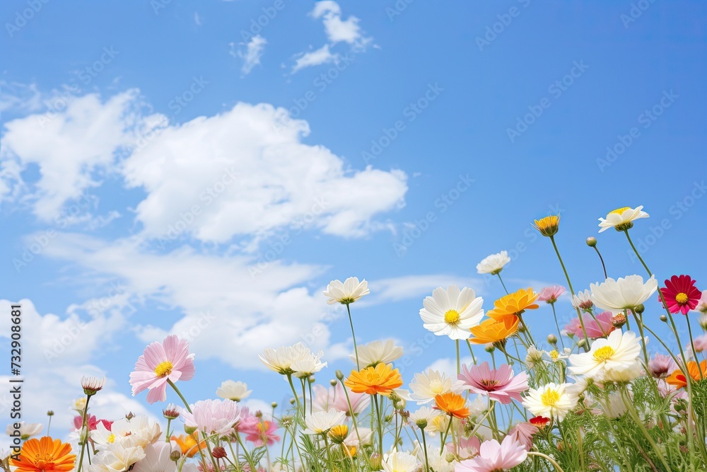 Colorful flowers and blue sky and white clouds, Side view, long exposure photography, realistic, Colorful flowers and blue sky and white clouds, Side view, long exposure photography, realistic,