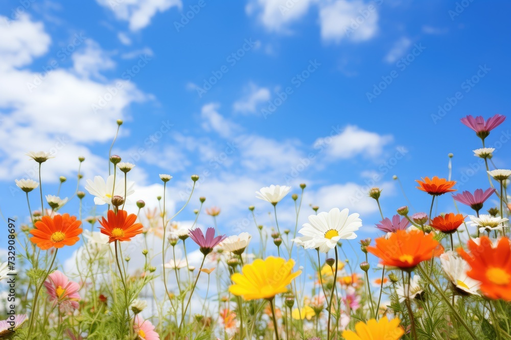 Colorful flowers and blue sky and white clouds, Side view, long exposure photography, realistic,