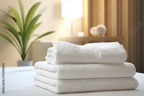 Clean white towels on the bed in the hotel room. 