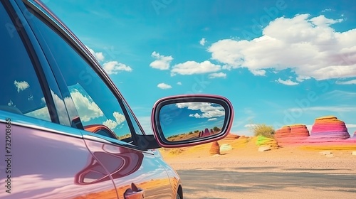 Car side mirror reflection, colorful rainbow, travel adventure, hidden frame, Octane Render,  © Dara