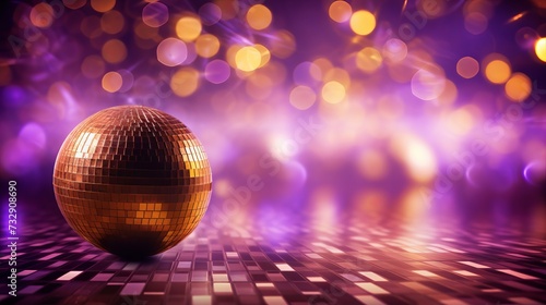 Disco background with disco balls in purple and gold lighting