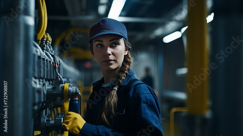 Female worker wearing uniform, hairnet working and checking of water pump system, pipes station, Water pressure system, water tank at production line in industry factory