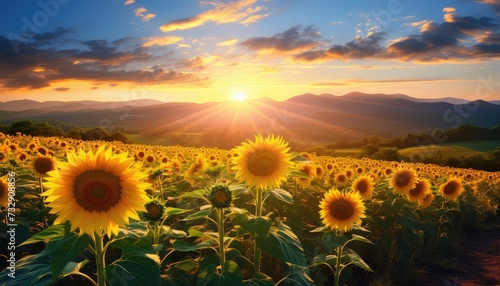 Sunflower field at sunset with mountains in the background